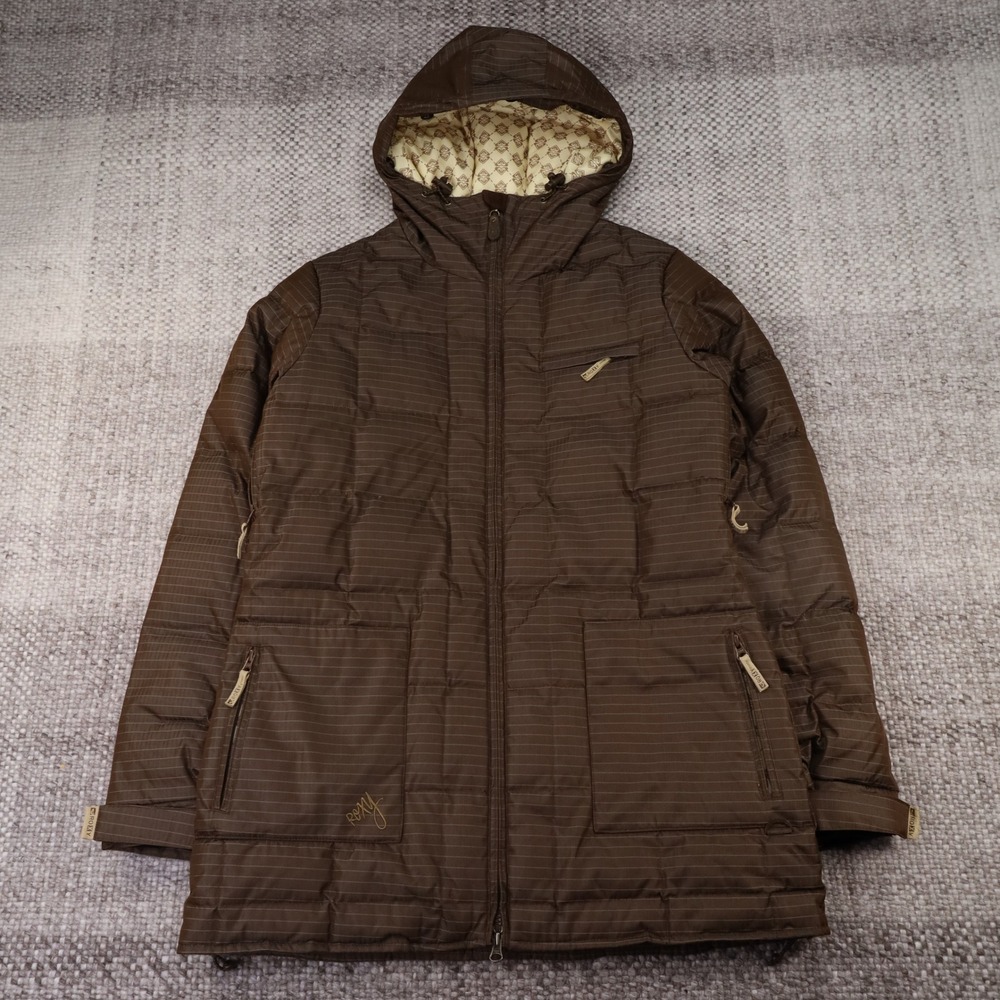 Roxy Snow Down Puffer Jacket Brown Pinstripe Hooded Ski Parka 952625 Womens M